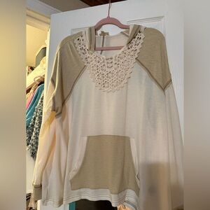 Cream and Tan Hoodie with Lace Detail